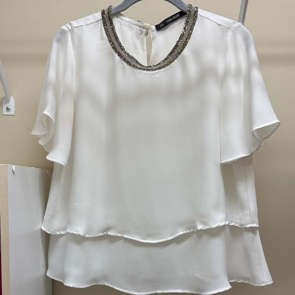 Zara Ivory Layered Chiffon Blouse with Beaded Neckline